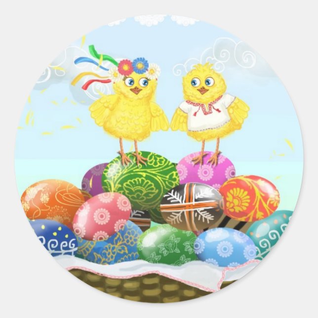 Sticker Rond Poulets heureux d'Ukrainien de Pâques (Devant)
