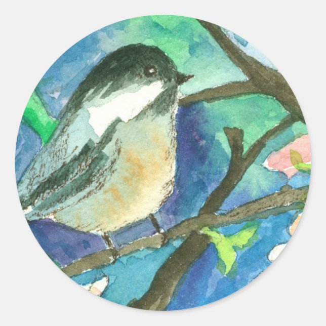 Sticker Rond Poulets Oiseaux Branches de l'arbre Aquarelle Pein (Devant)