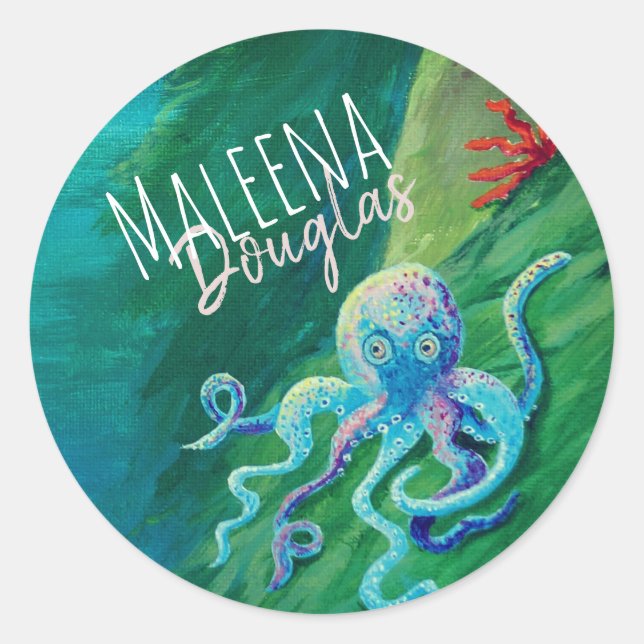 Sticker Rond Poulpe bleu, vert Océan Marin Créature sous-marine (Devant)