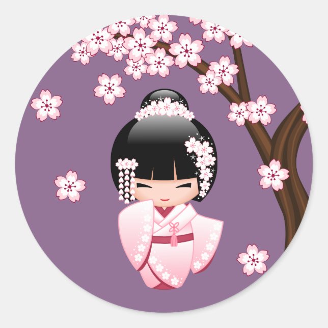 Sticker Rond Poupée blanche Kimono Kokeshi - mignonne Geisha Gi (Devant)