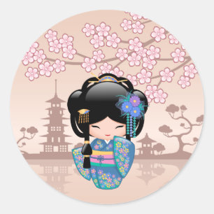 Sticker Rond Poupée Keiko Kokeshi - Blue Kimono Geisha Girl