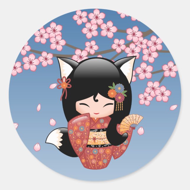 Sticker Rond Poupée Kitsune Kokeshi - Black Fox Geisha Girl (Devant)