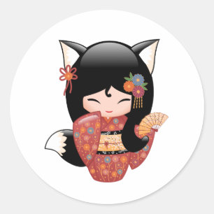 Sticker Rond Poupée Kitsune Kokeshi - Fille Black Fox