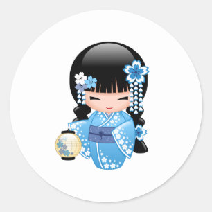 Sticker Rond Poupée Kokeshi d'hiver - Cute Japonaise Geisha Gir