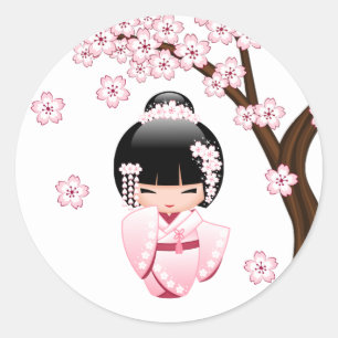 Sticker Rond Poupée Kokeshi Kimono Rose