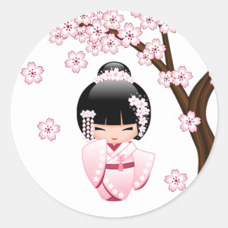 Sticker Rond Poupée Kokeshi Kimono Rose