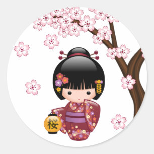 Sticker Rond Poupée Sakura Kokeshi - jolie fille japonaise Geis