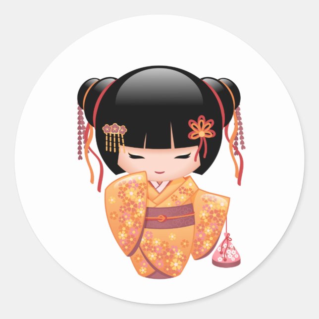Sticker Rond Poupée Ume Kokeshi - Japonaise Pêche Geisha Girl (Devant)
