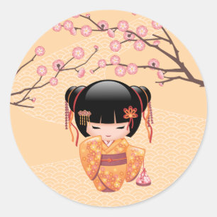 Sticker Rond Poupée Ume Kokeshi - Japonaise Pêche Geisha Girl