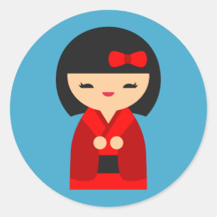 Sticker Rond Poupées japonaises Red Kokeshi