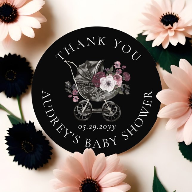 Sticker Rond Poussette gothique florale Baby shower de Merci no (Floral Gothic Stroller Black Thank You Baby Shower Classic Round Sticker)
