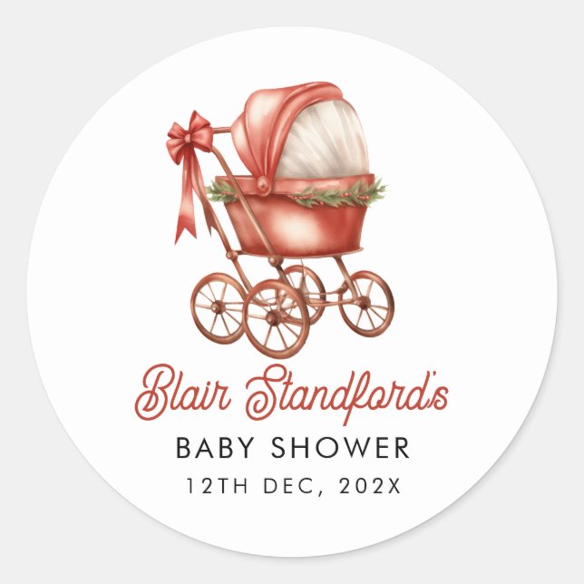 Sticker Rond Poussette moderne Joyeux Petit Baby shower de Noël (Devant)