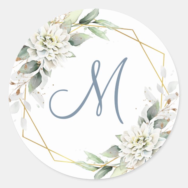 Sticker Rond Poussière Bleue Élégante Fleurs de Verdure MONOGRA (Devant)