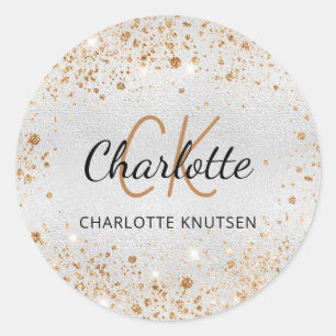 Sticker Rond Poussière de paillettes d'or argent monogramme ini