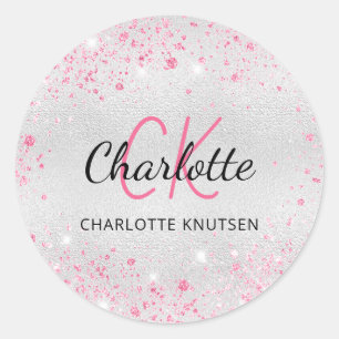 Sticker Rond Poussière de paillettes rose argenté monogramme in