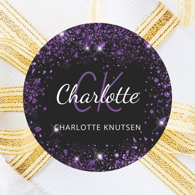 Sticker Rond Poussière de paillettes violet noir monogramme ini (Créateur téléchargé)