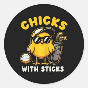 Sticker Rond Poussins Avec Bâtons Golfer Girl Golf Club Gol