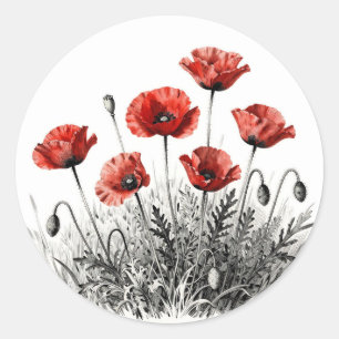 Sticker Rond Prairie de fleurs de pavot rouge vibrant