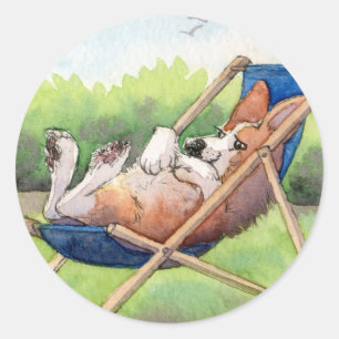 Sticker Rond Pratique pour l'été - Corgi dans un transat