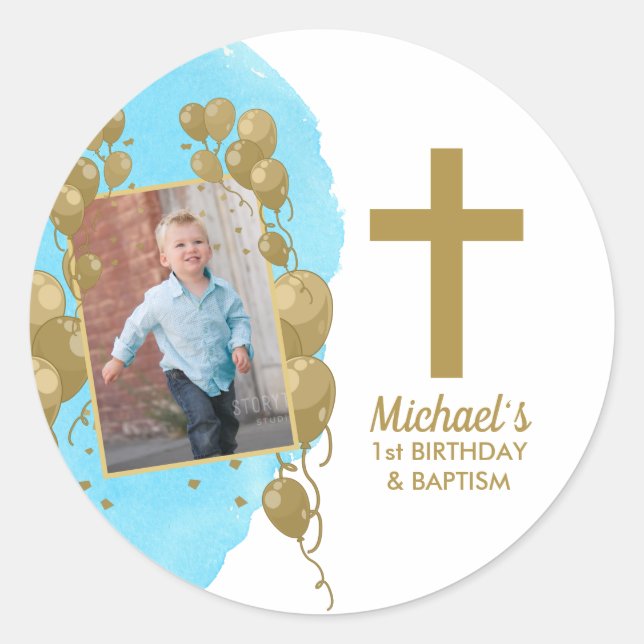 Sticker Rond Premier anniversaire Baptême Or Ballons Photo Boy (Devant)