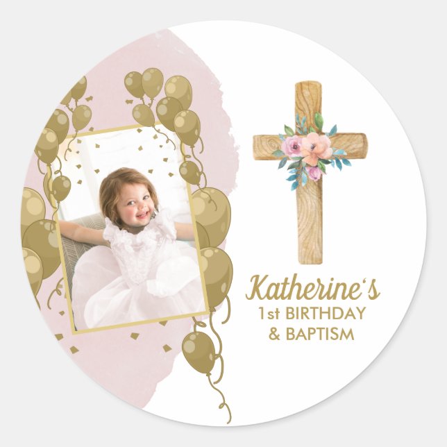 Sticker Rond Premier anniversaire Baptême rose Ballons d'or Pho (Devant)