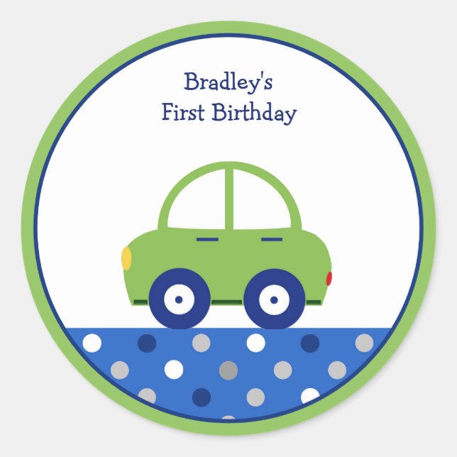 Sticker Rond Premier anniversaire de la voiture verte et bleue  (Devant)