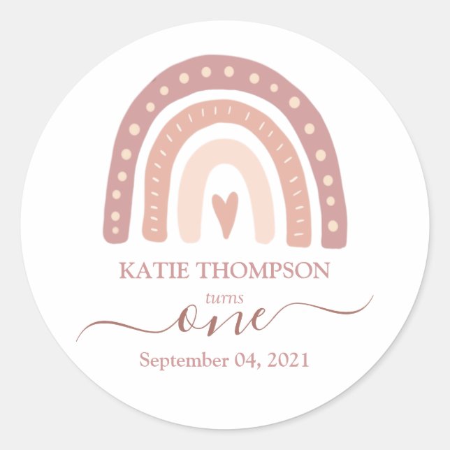 Sticker Rond Premier anniversaire du Pastel Pink Rainbow Boho (Devant)