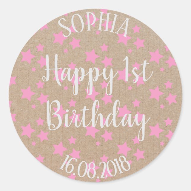 Sticker Rond Premier anniversaire fille rose étoiles papier d'a (Devant)