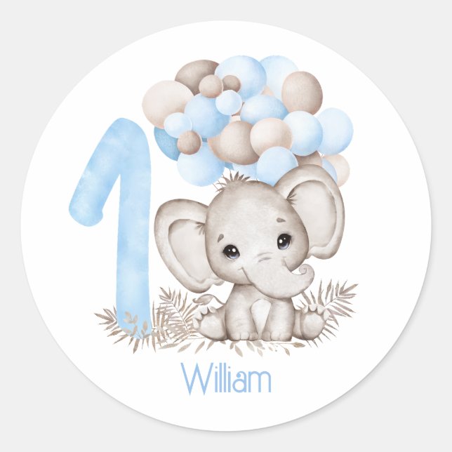 Sticker Rond Premier Anniversaire Garçon Eléphant Cute Dans Sti (Devant)