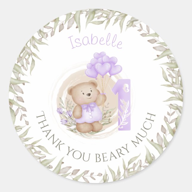 Sticker Rond Premier anniversaire Ourson mignon Merci (Devant)