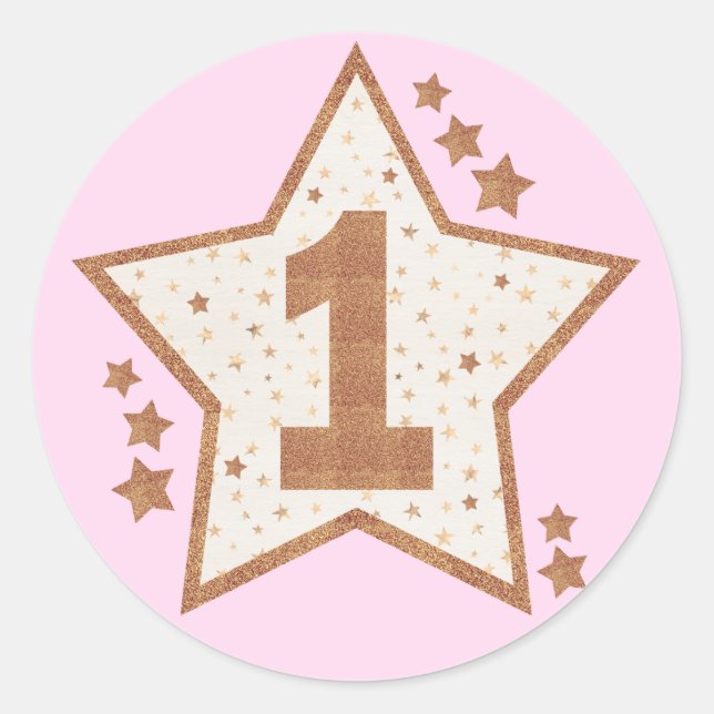 Sticker Rond Premier Anniversaire rose et Gold Star (Devant)