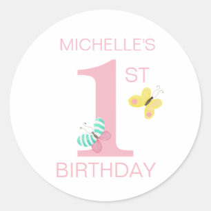 Sticker Rond Premier anniversaire rose simple avec papillon et