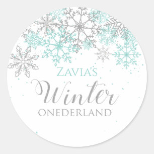 Sticker Rond Premier anniversaire Winter Onederland sarcelle ar