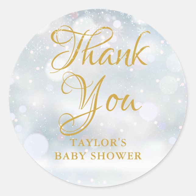 Sticker Rond Premier baby shower Snowflakes merci (Devant)