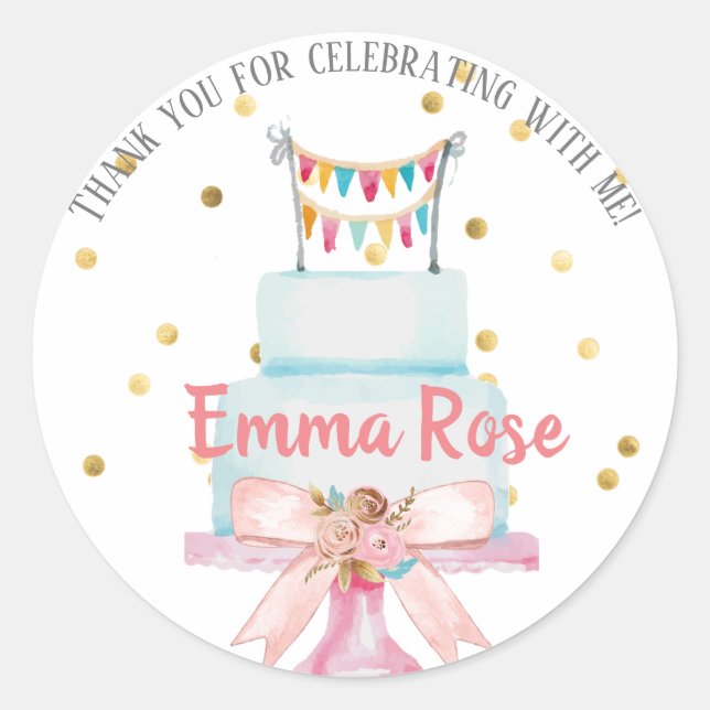 Sticker Rond Premier gâteau d'aquarelle d'anniversaire (Devant)