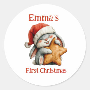 Sticker Rond Premier lapin de Noël de bébé personnalisé