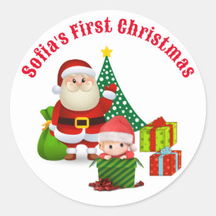 Sticker Rond Premier Noël Baby's Personnaliser Nom Elf