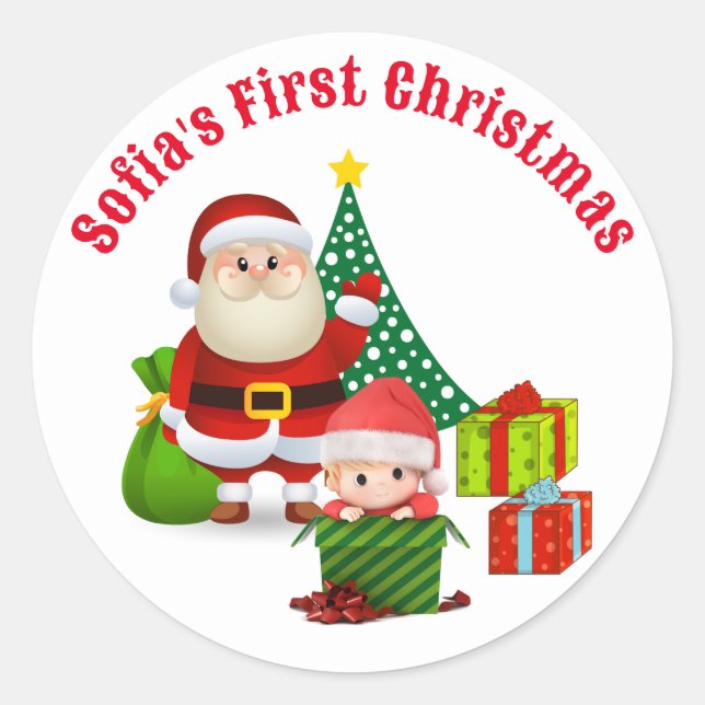 Sticker Rond Premier Noël Baby's Personnaliser Nom Elf (Devant)