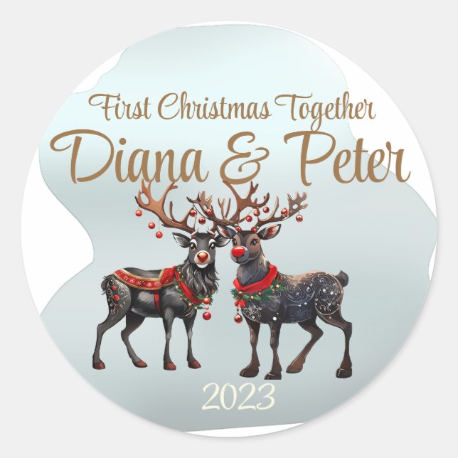 Sticker Rond Premier Noël ensemble - ornement personnalisable (Devant)