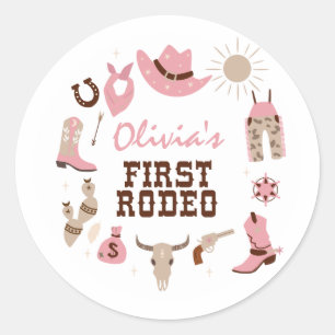 Sticker Rond Premier Rodéo Cowboy Occidental Rose 1er Anniversa