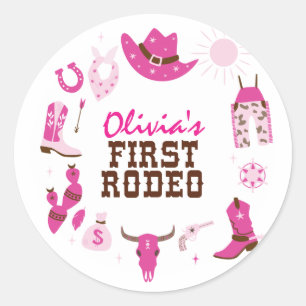 Sticker Rond Premier Rodéo Pink Western Cowboy 1er Anniversaire
