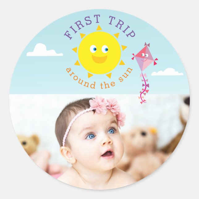 Sticker Rond Premier Voyage Autour Du Soleil Photo Anniversaire (Devant)