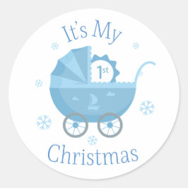 Sticker Rond Première calèche bébé bleue pour le premier Noël