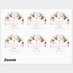 Sticker Rond Première communion & baptême, floral rose or