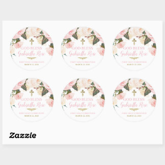 Sticker Rond Première communion & baptême, floral rose or