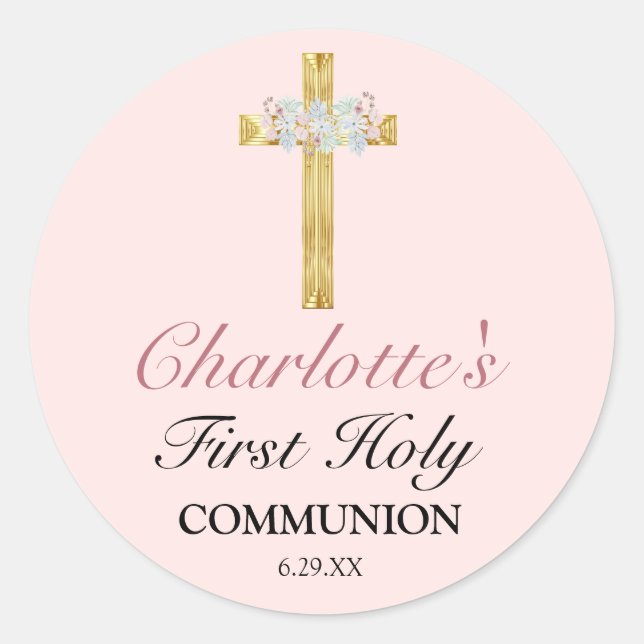 Sticker Rond Première communion de la Croix d'or rose (Devant)