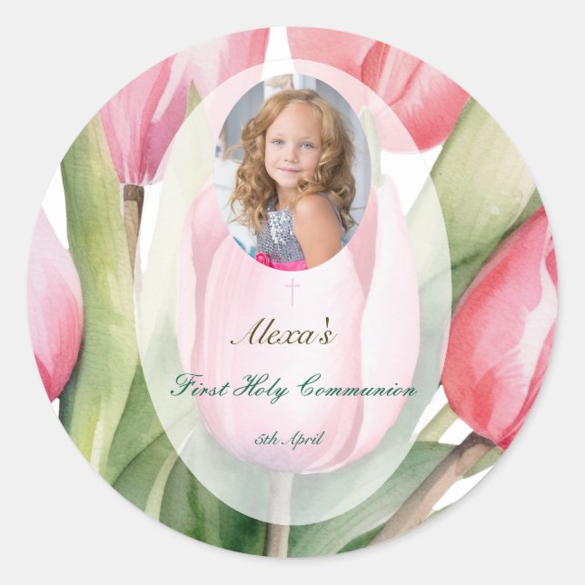 Sticker Rond Première communion élégante de tulipe (Devant)