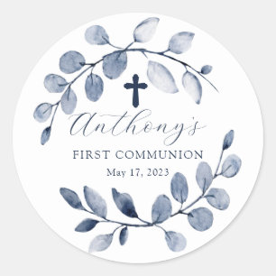 Sticker Rond Première communion feuille bleue