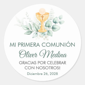 Sticker Rond Première communion Feuille verte mignonne et éléga
