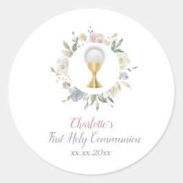 Sticker Rond Première communion fille cercle fleurs pâles